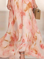 Printed Floral V-Neck A-Line Mother of the Bride Dress with Ruffles and Short Sleeves