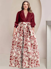 Printed Flower Plus Size A-Line/Princess Shirt Collar Mother of the Bride & Groom Dresses with 3/4 Sleeves