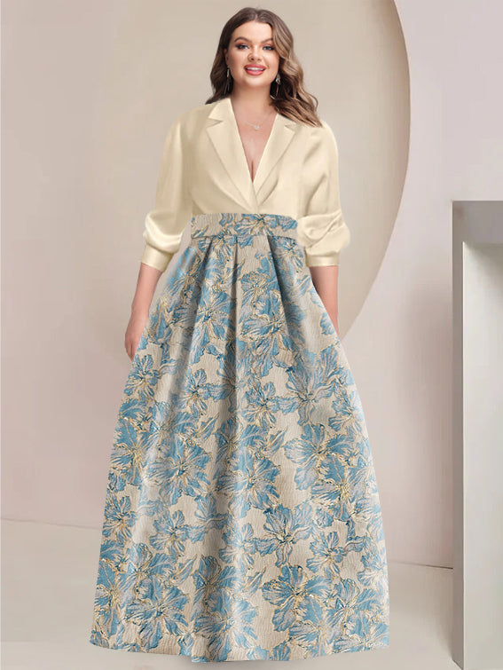 Printed Flower Plus Size A-Line/Princess Shirt Collar Mother of the Bride & Groom Dresses with 3/4 Sleeves