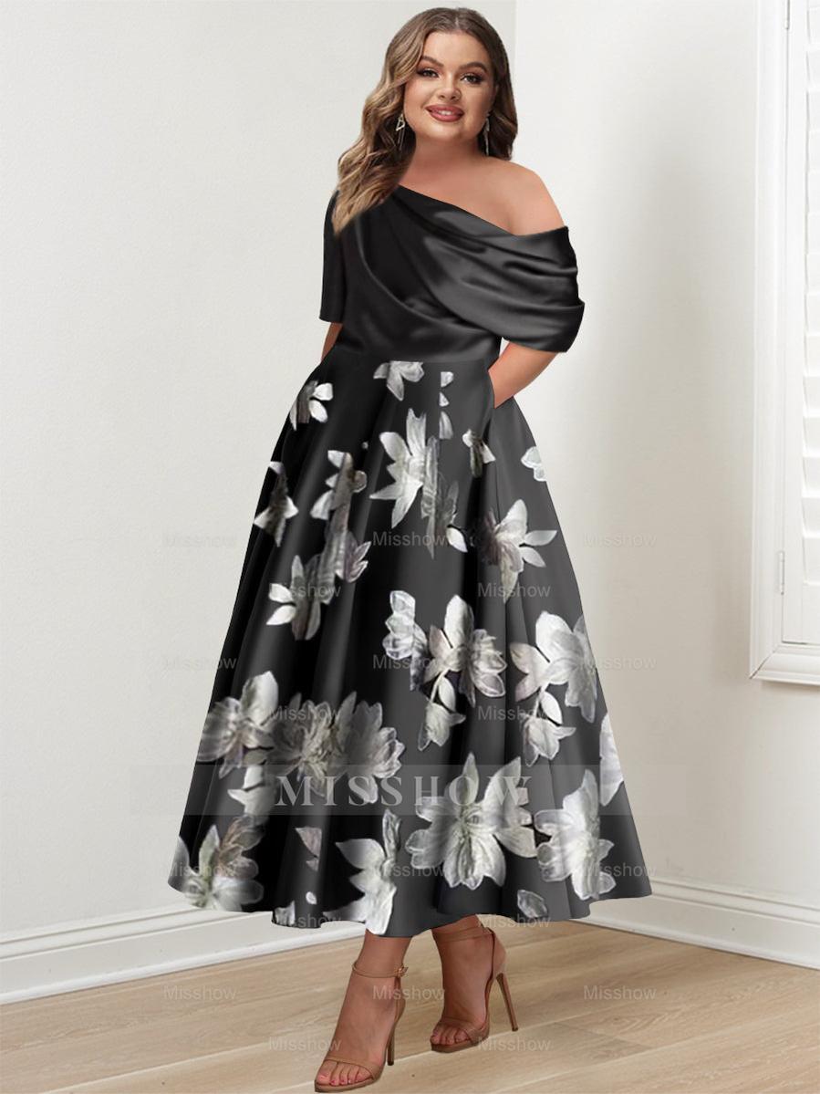 Printed Flower Plus Size Mother of the Bride A-Line Princess One-Shoulder Dress