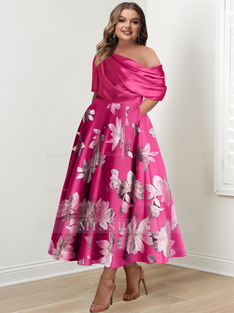 Printed Flower Plus Size Mother of the Bride A-Line Princess One-Shoulder Dress