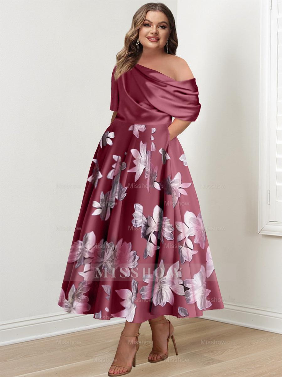 Printed Flower Plus Size Mother of the Bride A-Line Princess One-Shoulder Dress