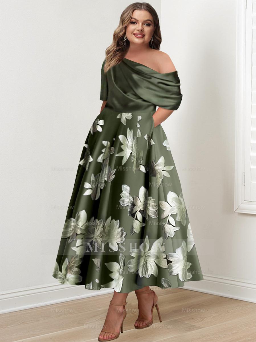 Printed Flower Plus Size Mother of the Bride A-Line Princess One-Shoulder Dress
