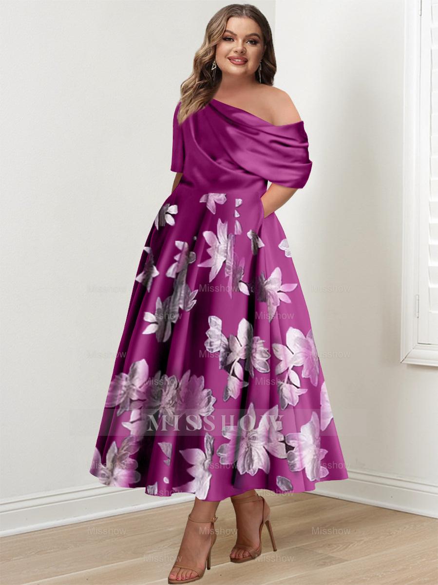 Printed Flower Plus Size Mother of the Bride A-Line Princess One-Shoulder Dress