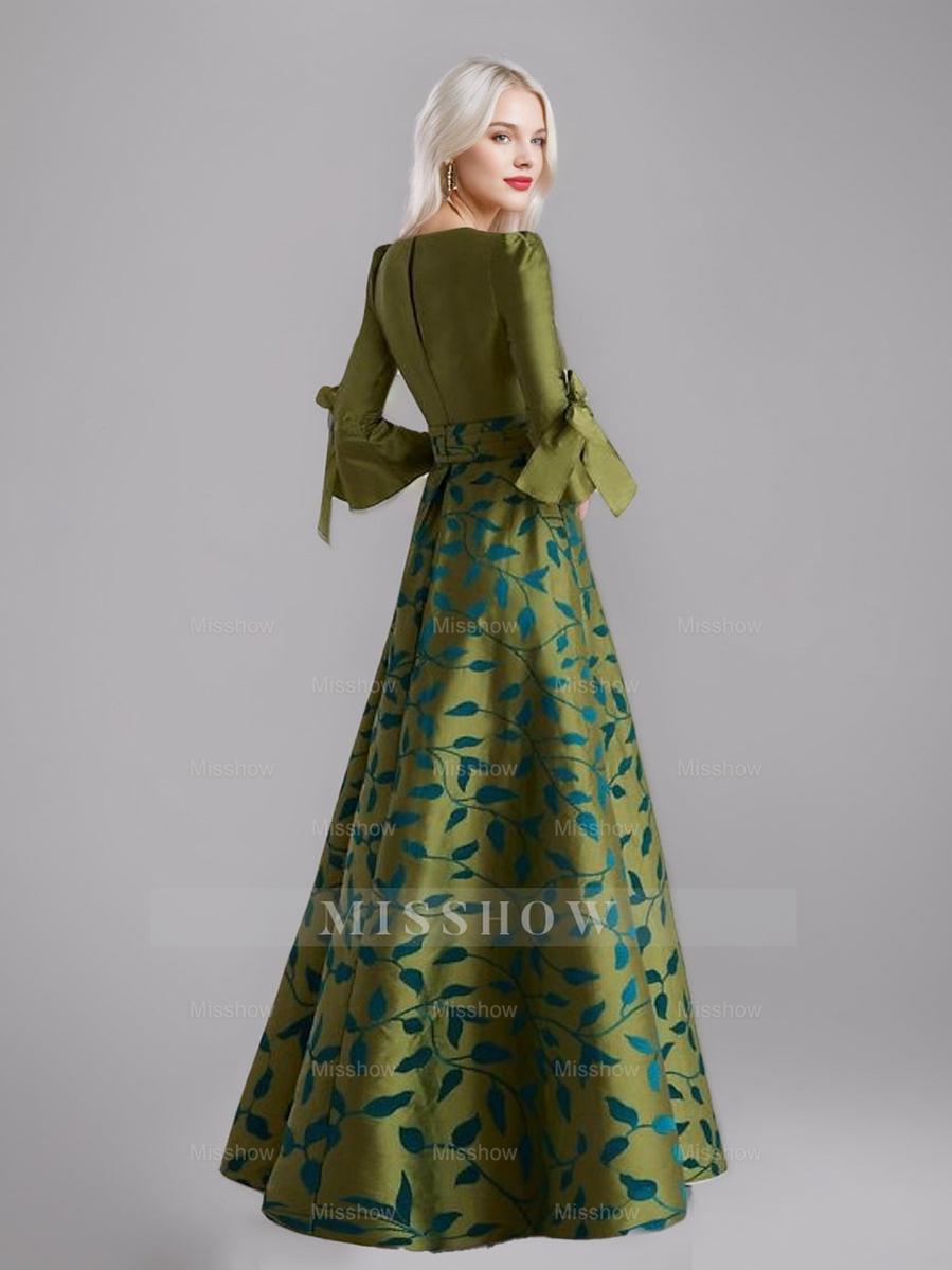 Printed Leaves Mother of the Bride A-Line Dress with 3/4 Sleeves Side Split Belt and Ruffles