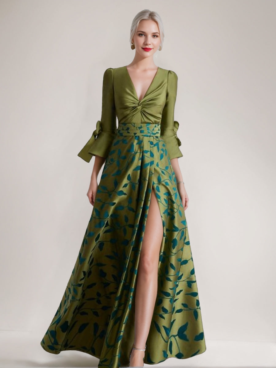 Printed Leaves Mother of the Bride A-Line Dress with 3/4 Sleeves Side Split Belt and Ruffles