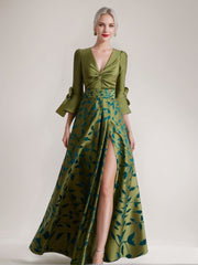 Printed Leaves Mother of the Bride A-Line Dress with 3/4 Sleeves Side Split Belt and Ruffles