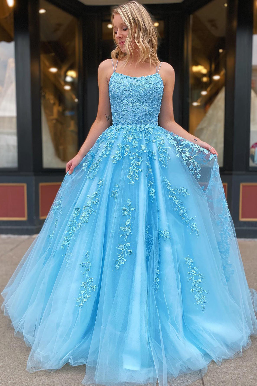 Prom Dress with Champagne Spaghetti Straps for Princess
