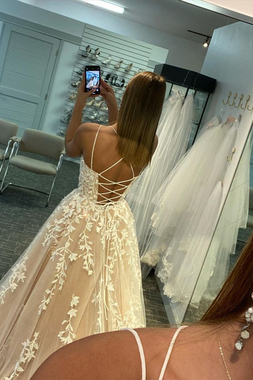 Prom Dress with Champagne Spaghetti Straps for Princess
