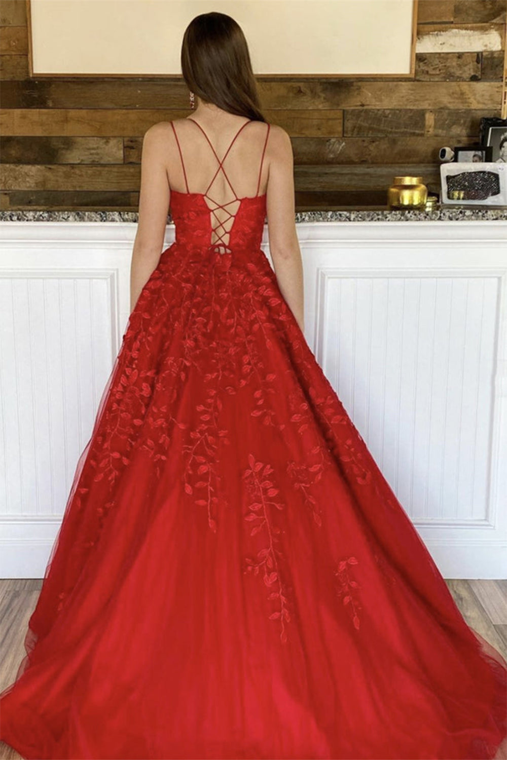Prom Dress with Champagne Spaghetti Straps for Princess