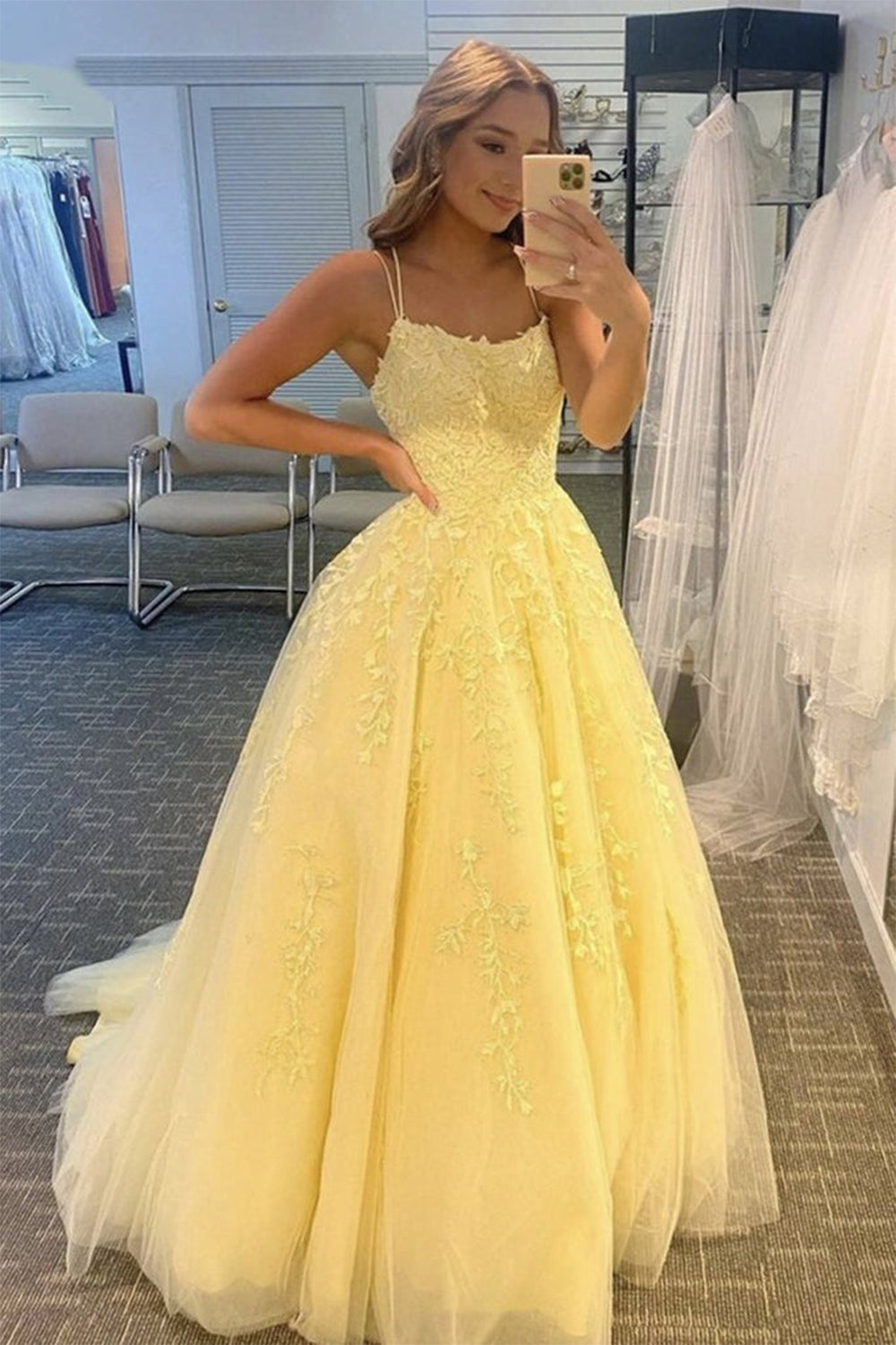 Prom Dress with Champagne Spaghetti Straps for Princess
