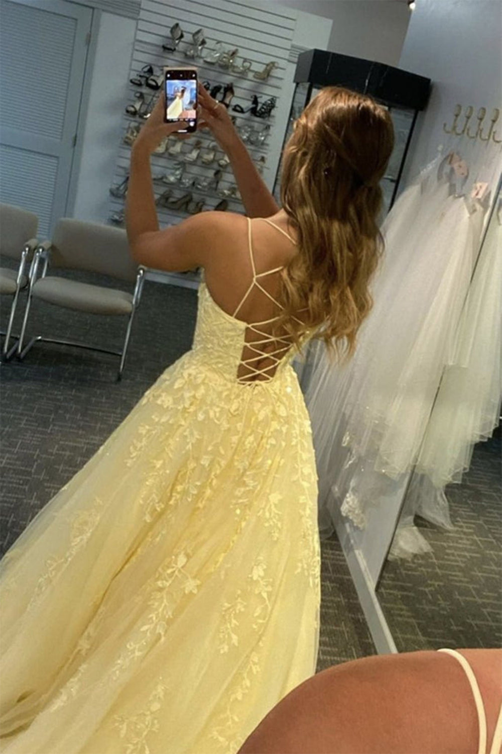 Prom Dress with Champagne Spaghetti Straps for Princess