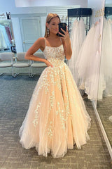 Prom Dress with Champagne Spaghetti Straps for Princess