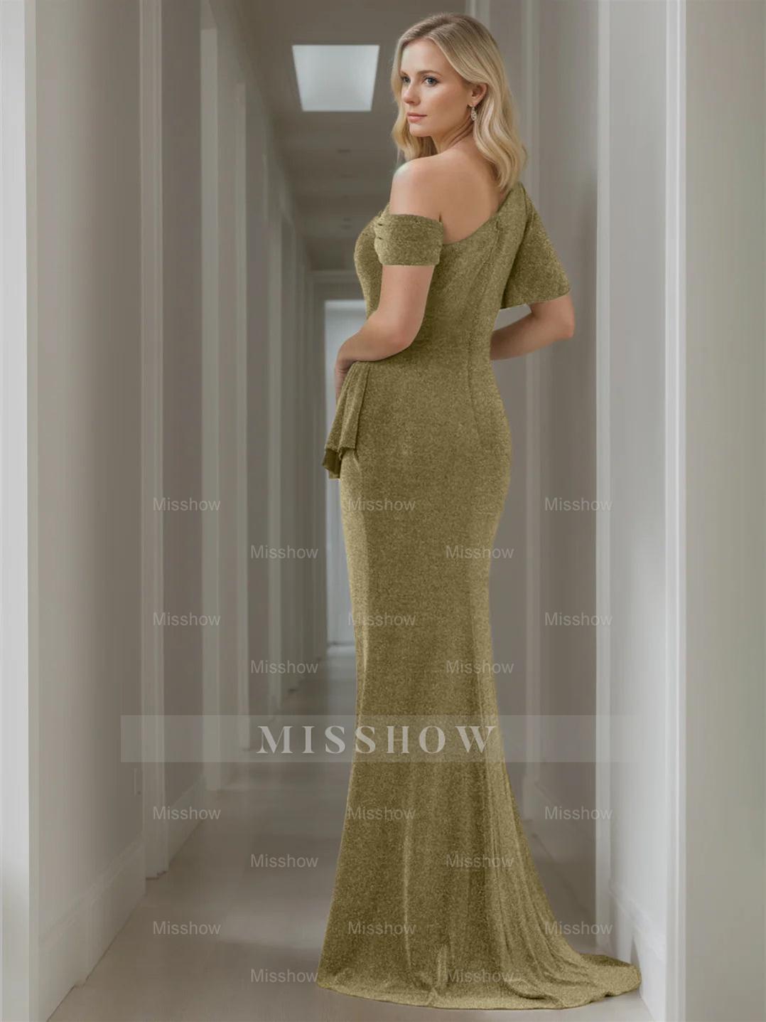 Pure Color Off-the-Shoulder Mermaid/Trumpet Floor-Length Mother of the Bride Dresses With Short Sleeves