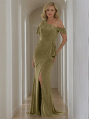 Pure Color Off-the-Shoulder Mermaid/Trumpet Floor-Length Mother of the Bride Dresses With Short Sleeves