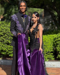Purple Black Mermaid Prom Dress Deep V Neck Sheer Illusion Black Crystal Baroque Scroll Beaded 3D Lace Applique Fringe Tassel Glitter Lace Cape Purple Velvet Cathedral Train Gown