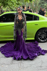 Purple Black Mermaid Prom Dress Deep V Neck Sheer Illusion Black Crystal Baroque Scroll Beaded 3D Lace Applique Fringe Tassel Glitter Lace Cape Purple Velvet Cathedral Train Gown