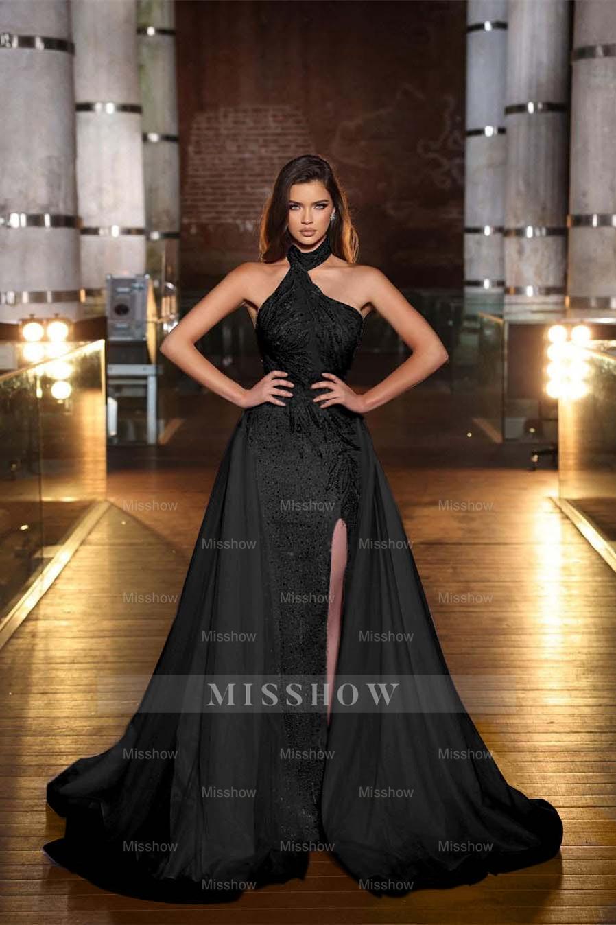 Purple Halter Mermaid Formal Dress Tulle Ruffles With Split Appliques