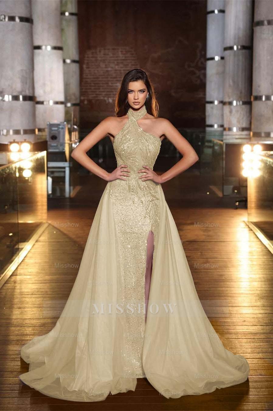 Purple Halter Mermaid Formal Dress Tulle Ruffles With Split Appliques