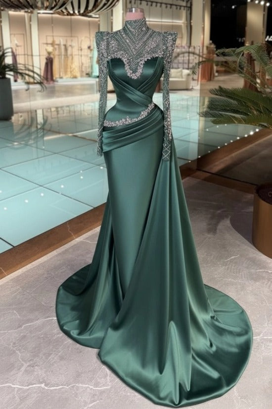 Purple High Neck Beaded Long Sleeve Satin Cross-Draped Ruched Mermaid Floor Evening Gown