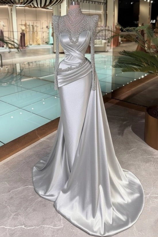 Purple High Neck Beaded Long Sleeve Satin Cross-Draped Ruched Mermaid Floor Evening Gown