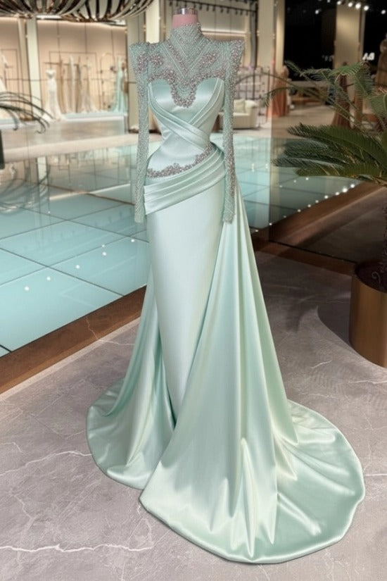 Purple High Neck Beaded Long Sleeve Satin Cross-Draped Ruched Mermaid Floor Evening Gown
