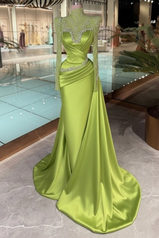 Purple High Neck Beaded Long Sleeve Satin Cross-Draped Ruched Mermaid Floor Evening Gown