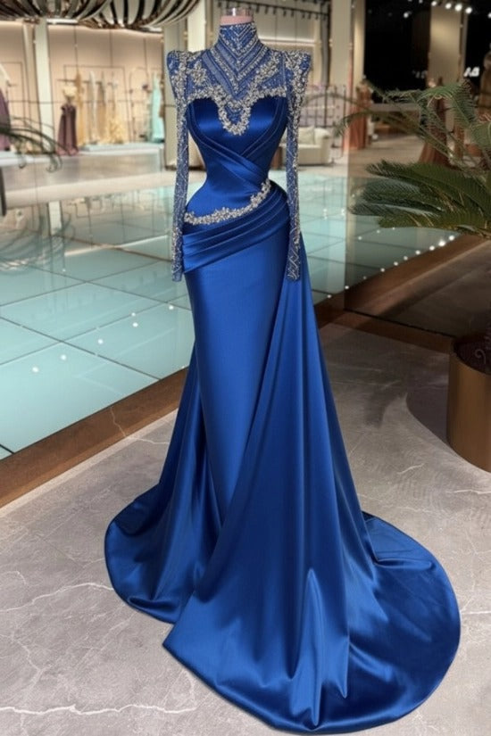 Purple High Neck Beaded Long Sleeve Satin Cross-Draped Ruched Mermaid Floor Evening Gown