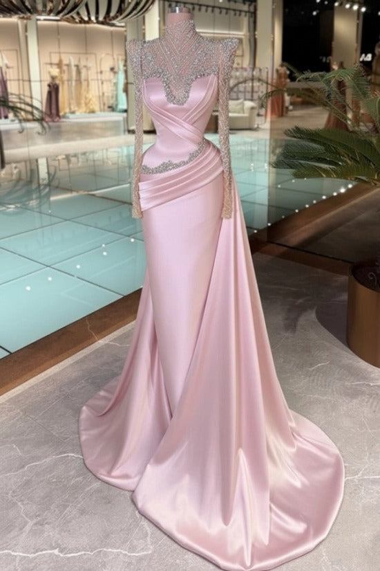 Purple High Neck Beaded Long Sleeve Satin Cross-Draped Ruched Mermaid Floor Evening Gown