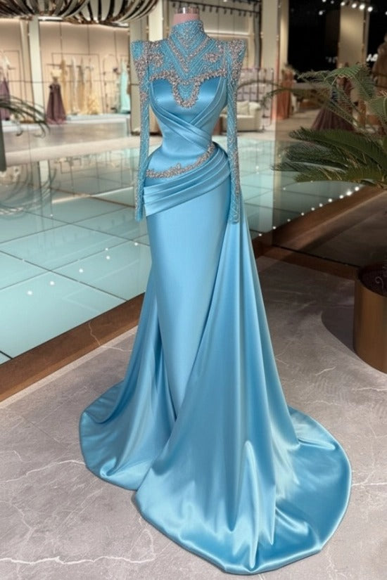 Purple High Neck Beaded Long Sleeve Satin Cross-Draped Ruched Mermaid Floor Evening Gown