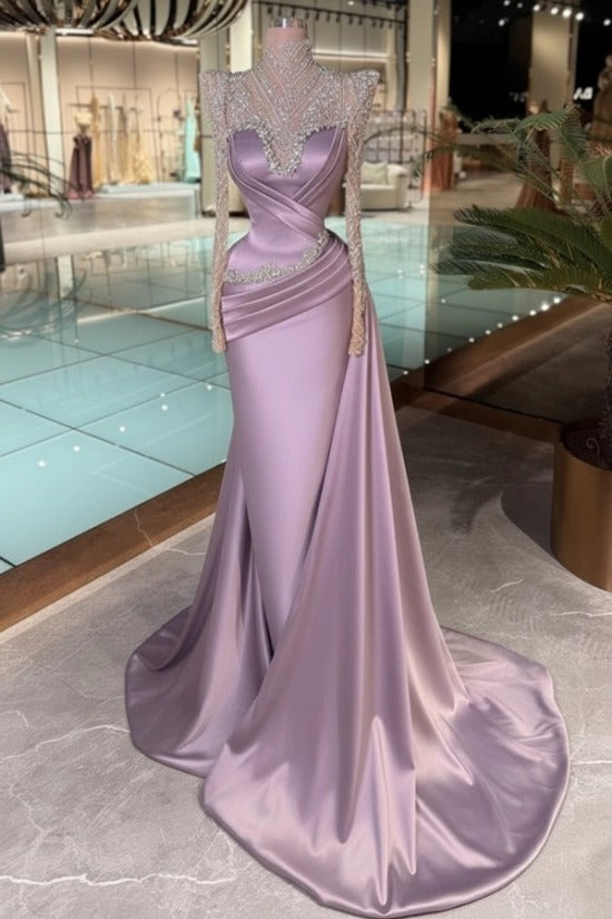Purple High Neck Beaded Long Sleeve Satin Cross-Draped Ruched Mermaid Floor Evening Gown