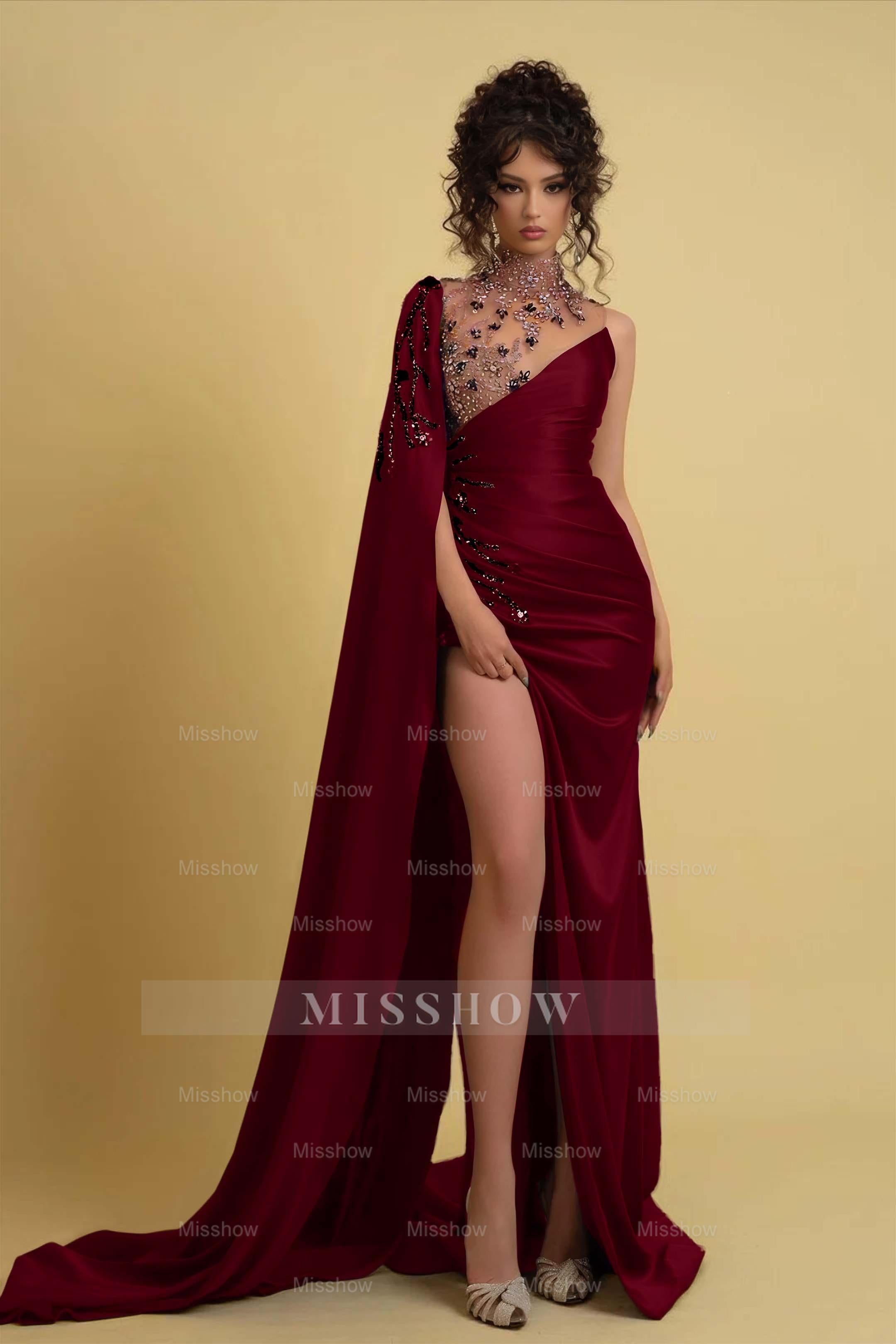 Purple High Neck Cape Sleeves Mermaid Satin Beaded Floor Length Formal Evening Gown