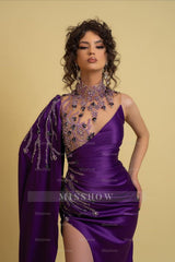 Purple High Neck Cape Sleeves Mermaid Satin Beaded Floor Length Formal Evening Gown