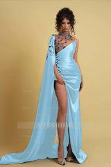 Purple High Neck Cape Sleeves Mermaid Satin Beaded Floor Length Formal Evening Gown