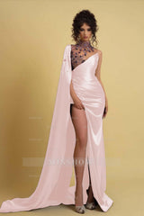 Purple High Neck Cape Sleeves Mermaid Satin Beaded Floor Length Formal Evening Gown