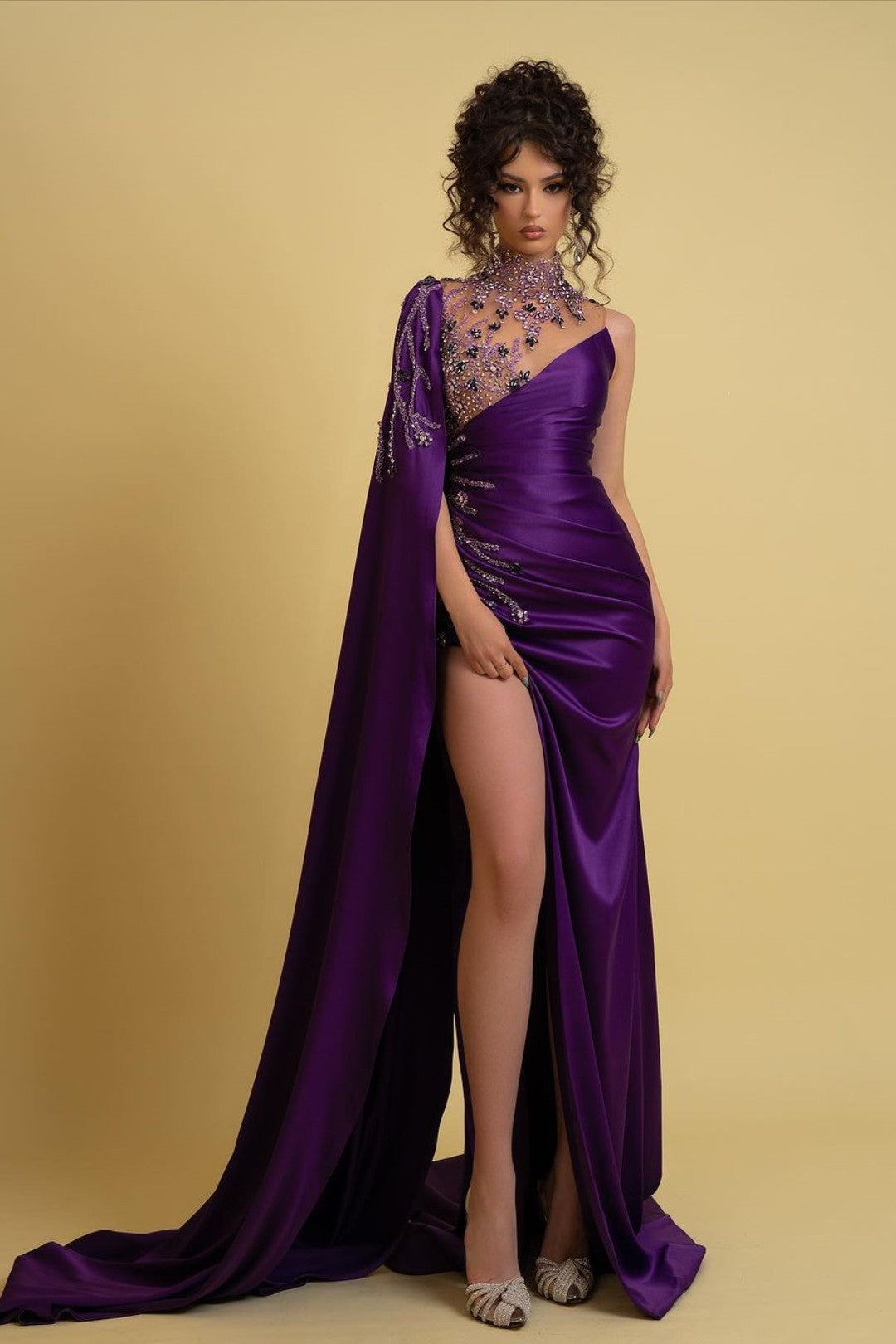 Purple High Neck Cape Sleeves Mermaid Satin Beaded Floor Length Formal Evening Gown