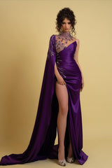 Purple High Neck Cape Sleeves Mermaid Satin Beaded Floor Length Formal Evening Gown