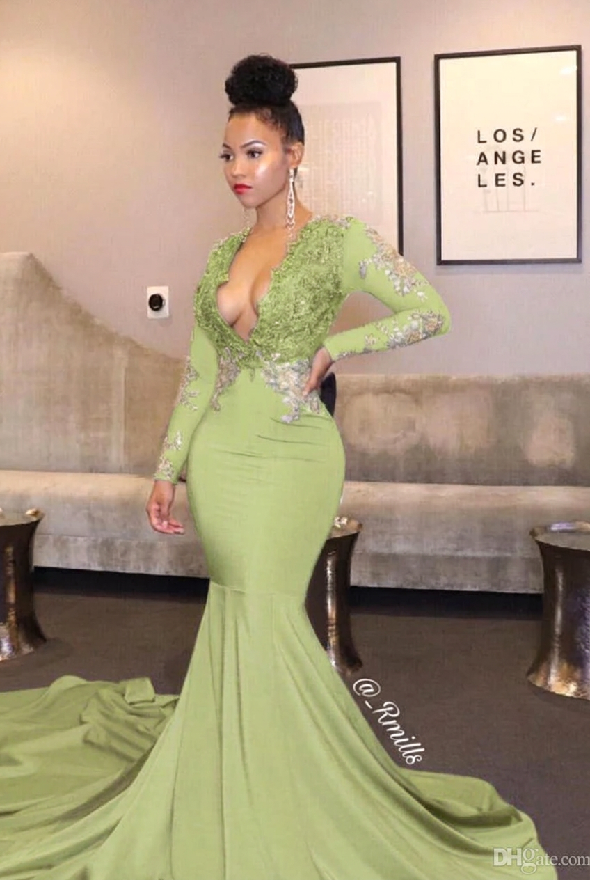 Sage v-neck ruffled mermaid prom dress