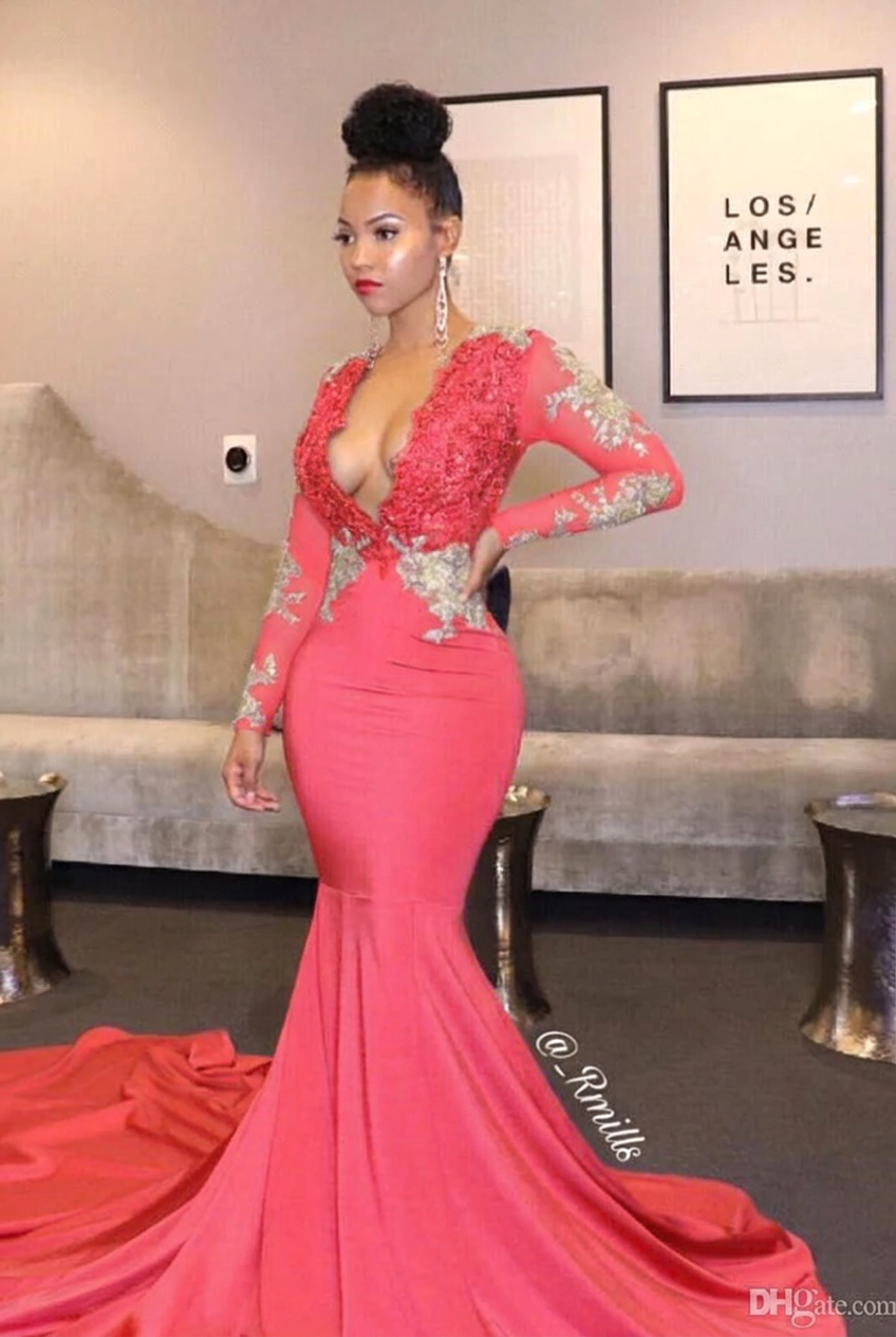 Coral v-neck ruffled mermaid prom dress
