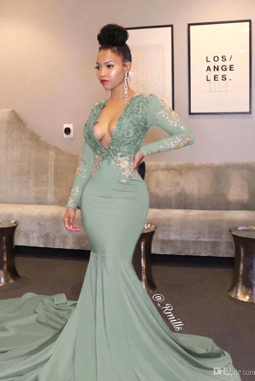 Dusty sage v-neck ruffled mermaid prom dress