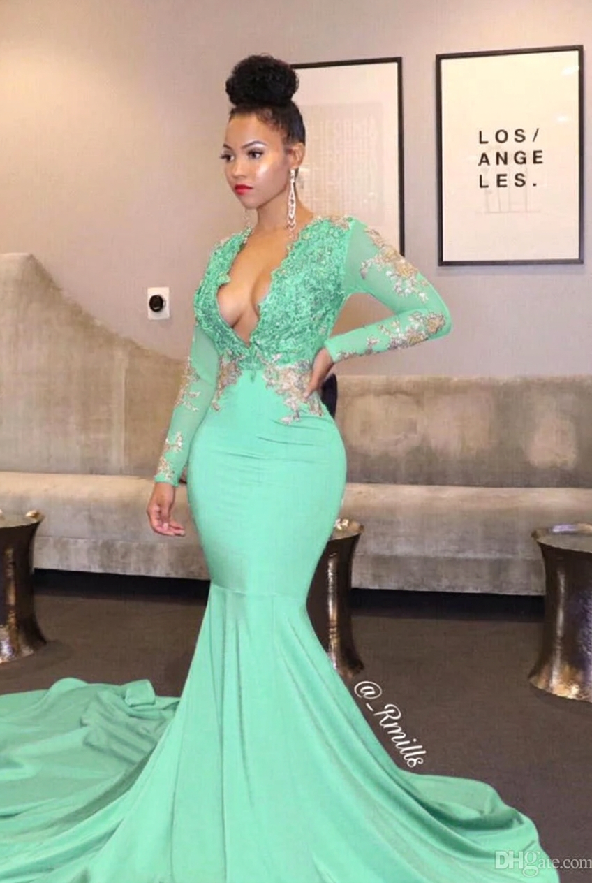 Mint green v-neck ruffled mermaid prom dress