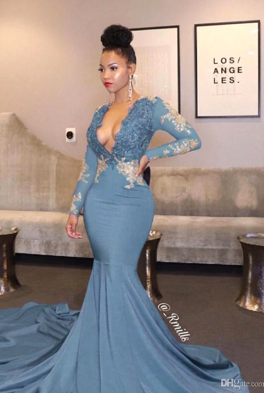 Dusty blue v-neck ruffled mermaid prom dress