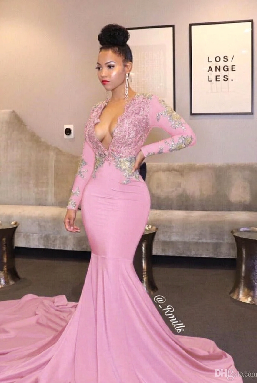 Candy pink v-neck ruffled mermaid prom dress