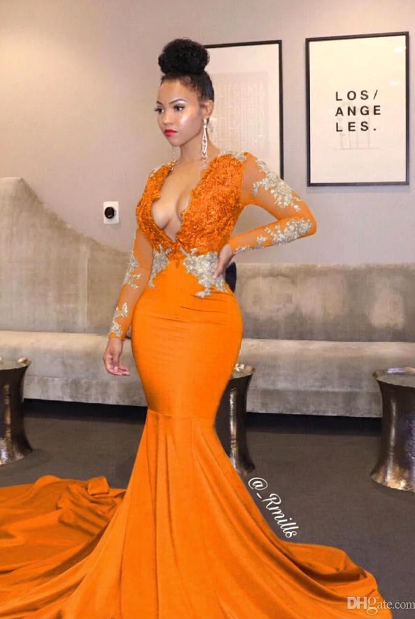 Orange v-neck ruffled mermaid prom dress