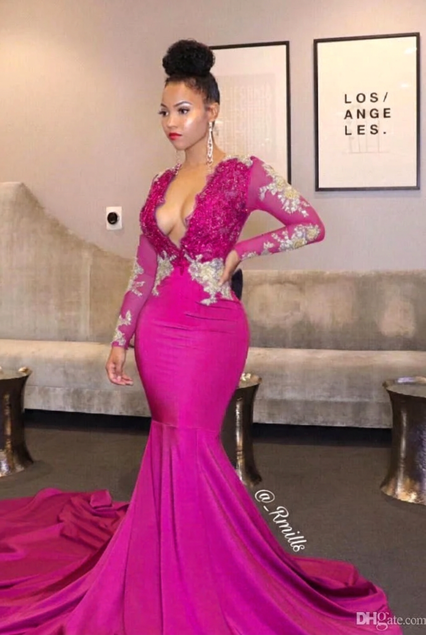 Fuchsia v-neck ruffled mermaid prom dress