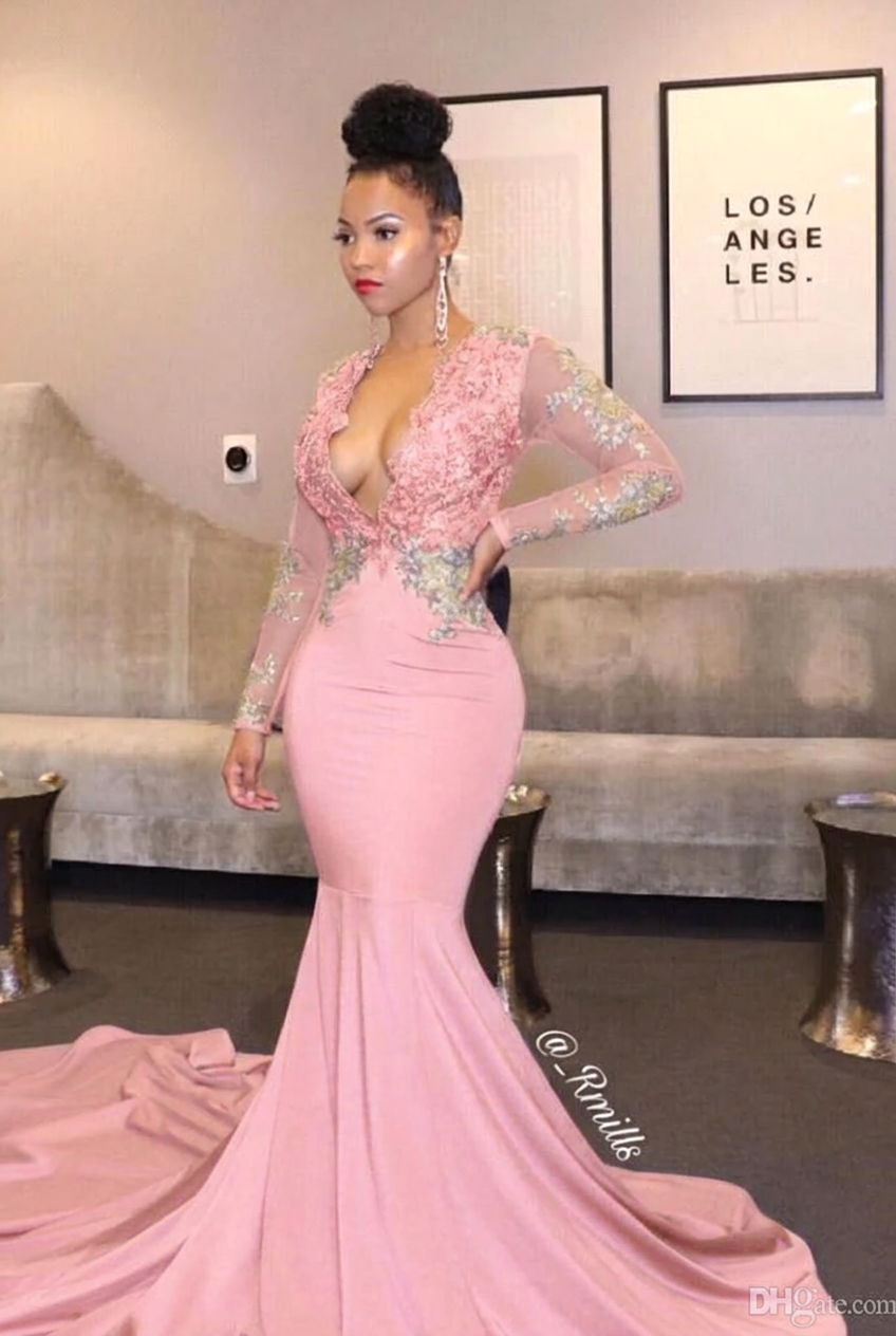 Blushing pink v-neck ruffled mermaid prom dress