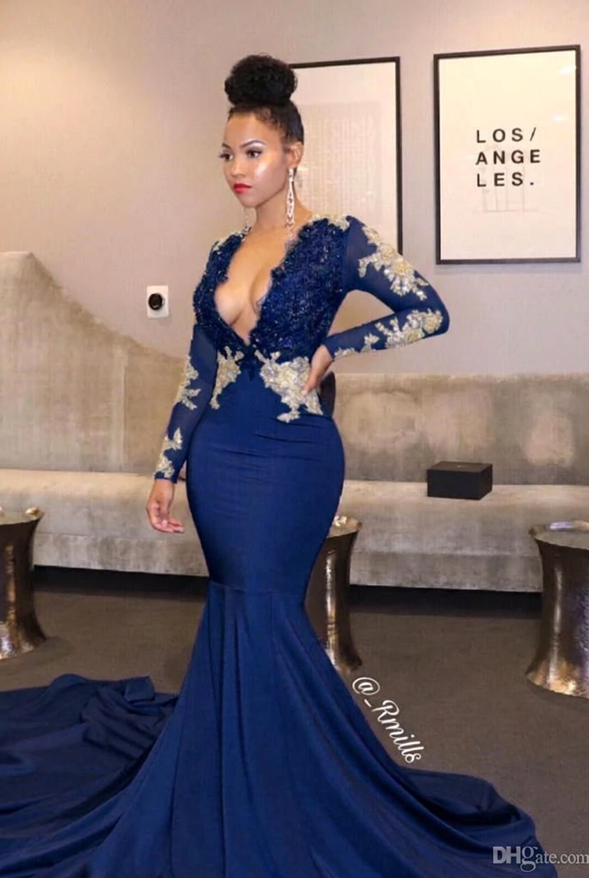 Dark navy v-neck ruffled mermaid prom dress