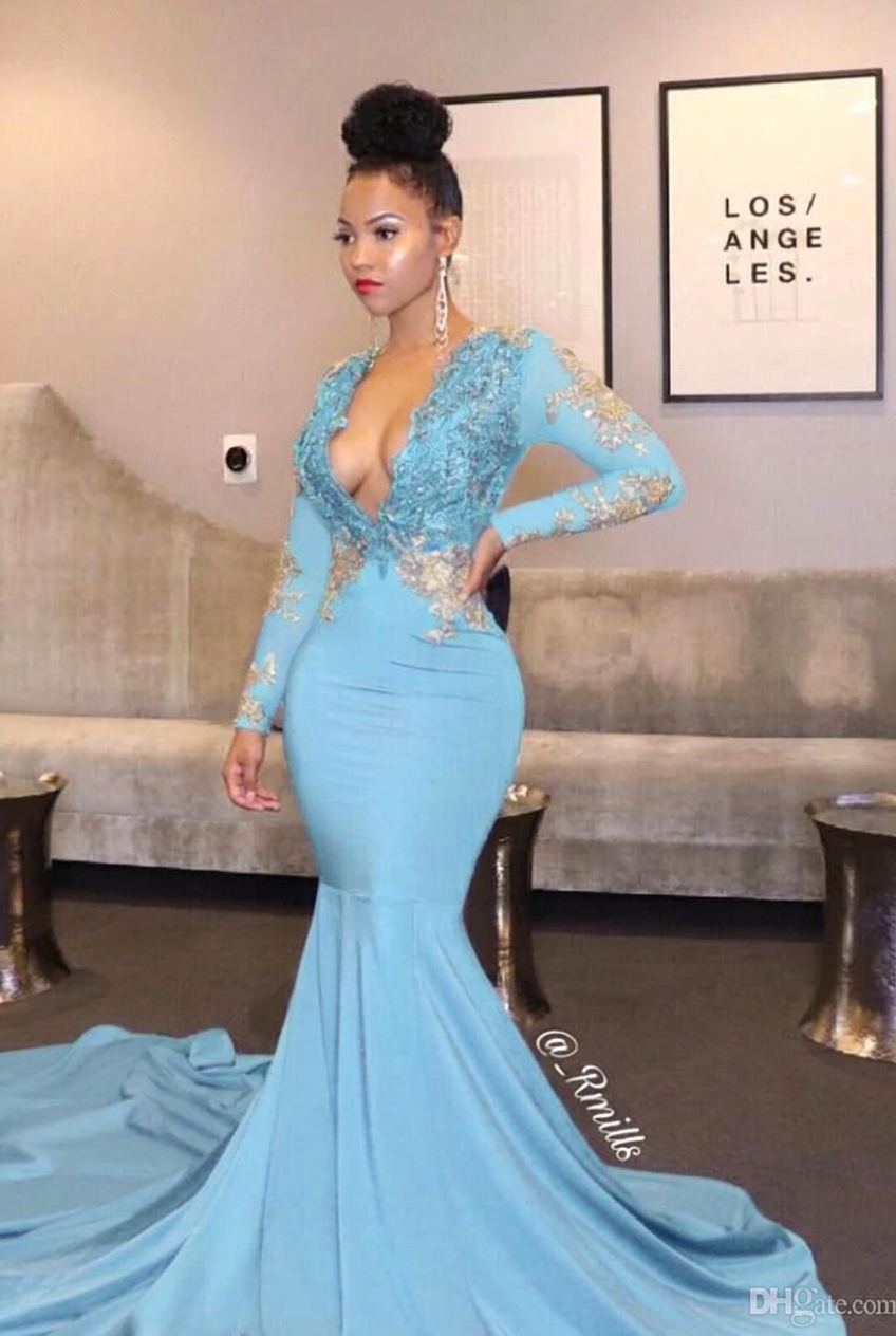 Light blue v-neck ruffled mermaid prom dress