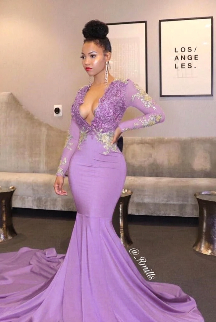 Lilac v-neck ruffled mermaid prom dress