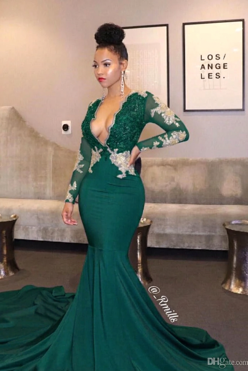 Dark green v-neck ruffled mermaid prom dress